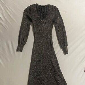 LOFT Metallic Ribbed V-Neck Long Sleeve Dress - Black